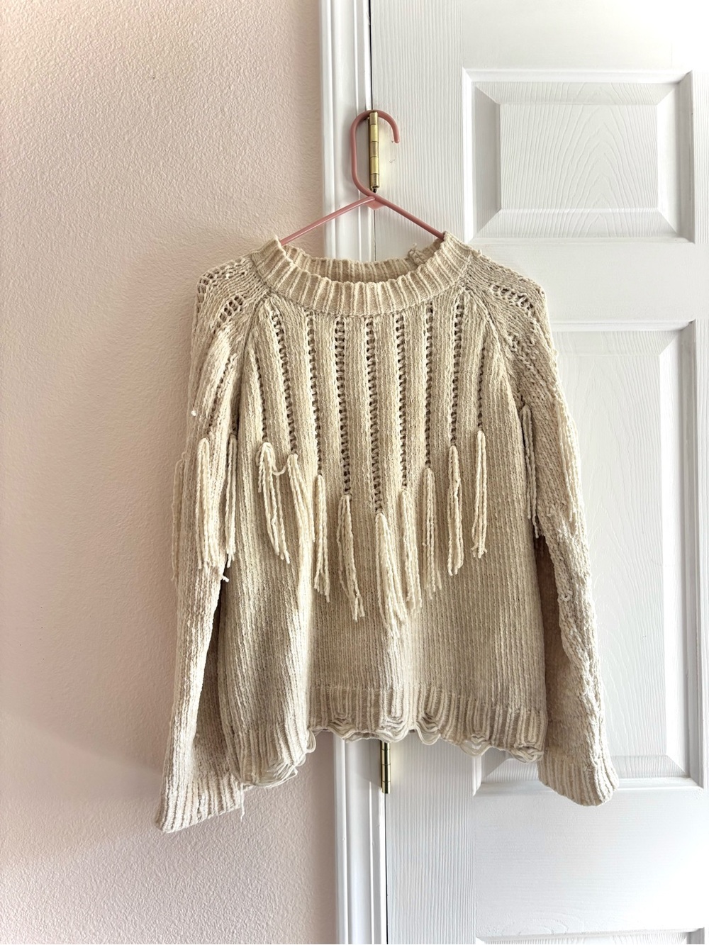 For Good Beige Chenille Fringe Boho Western Chunky Pullover Small